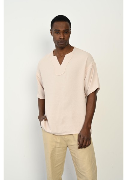 R-3979 Pis Dikiş Detaylı Kısa Kol Düğmesiz Gömlek