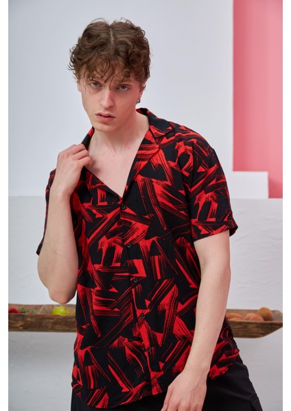 R-3661 Fırça Desenli Apaş Yaka Kısa Kol Gömlek