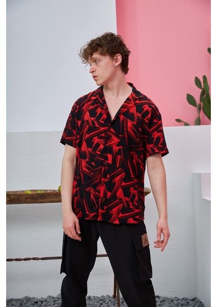 R-3661 Fırça Desenli Apaş Yaka Kısa Kol Gömlek fiyatları