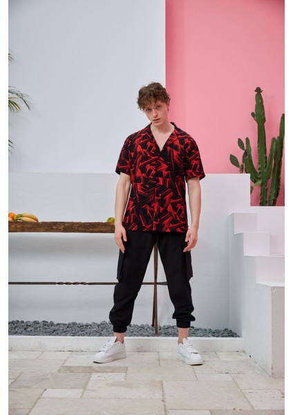 R-3661 Fırça Desenli Apaş Yaka Kısa Kol Gömlek modelleri