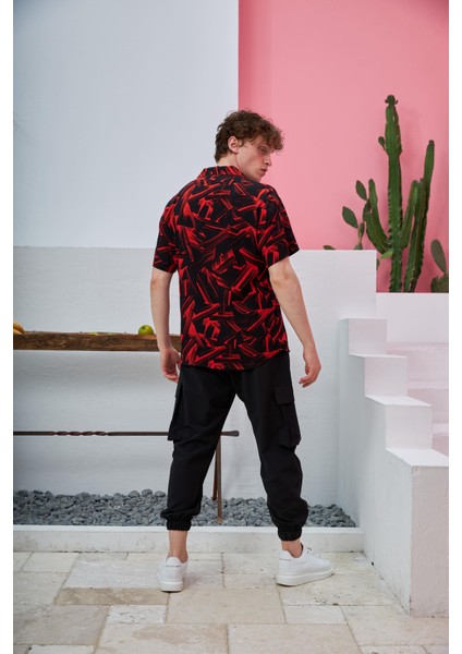 R-3661 Fırça Desenli Apaş Yaka Kısa Kol Gömlek indirimleri