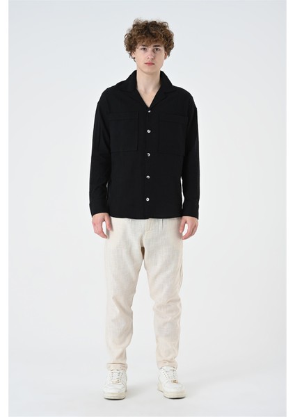 R-3889 Apaş Yaka Çift Cep Detaylı Uzun Kol Keten Gömlek