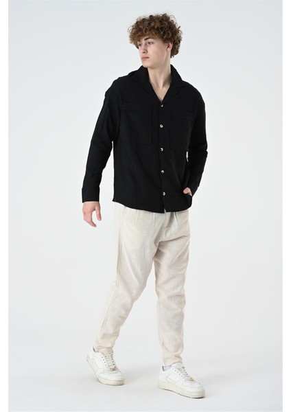 R-3889 Apaş Yaka Çift Cep Detaylı Uzun Kol Keten Gömlek fiyatları