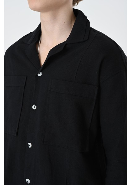 R-3889 Apaş Yaka Çift Cep Detaylı Uzun Kol Keten Gömlek fırsatları