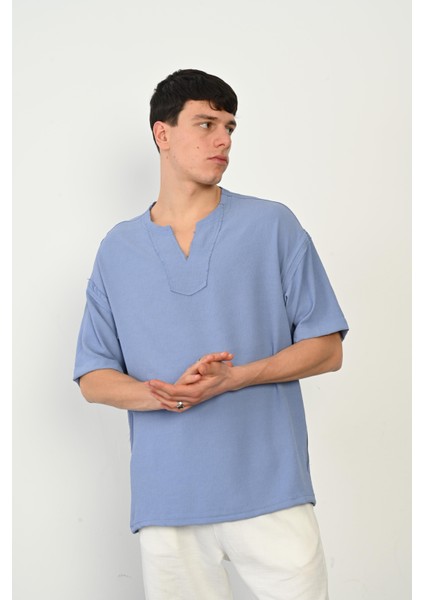 R-3979 Pis Dikiş Detaylı Kısa Kol Düğmesiz Gömlek