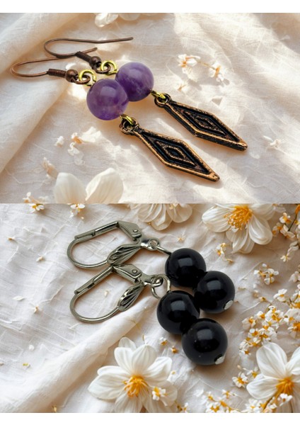 Ametist & Oniks Doğal Taşlı 2'li Küpe Seti