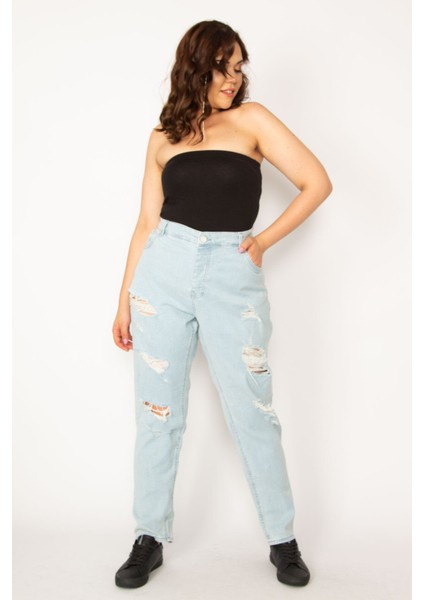 Kadın Mavi Yıkama Efektli Yırtık Detaylı Kot Pantolon 65N33945 indirimleri