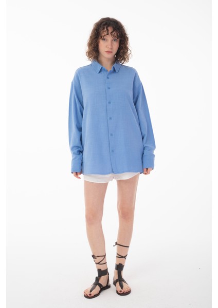 R-6044 Ayaklı Yaka Uzun Kol Keten Gömlek