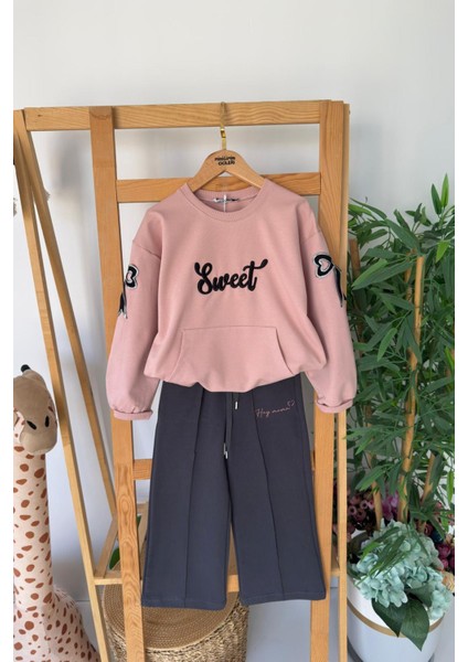 Sweat Işlemeli Fiyonk Pul Detaylı Ispanyol Kız çocuk takım - Siyah