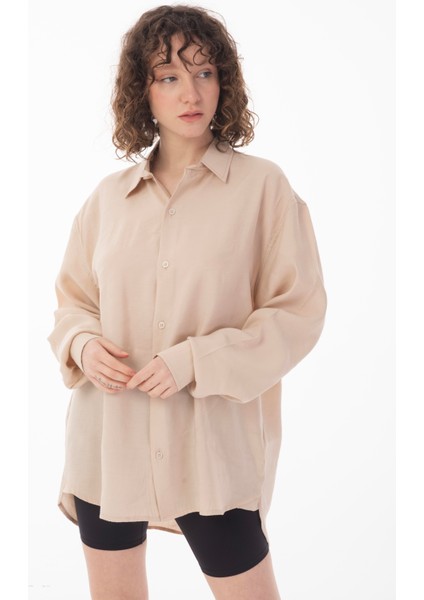 R-3575 Apaş Yaka Uzun Kollu Aerobin Kumaş Oversize Gömlek modelleri