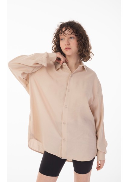 R-3575 Apaş Yaka Uzun Kollu Aerobin Kumaş Oversize Gömlek indirimleri