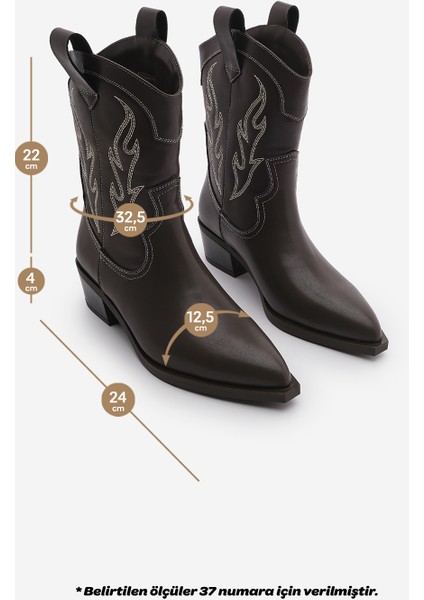 Kadın Sivri Burun Nakışlı Western Bot Tevlus Kahve
