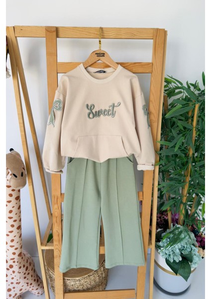 Sweat Işlemeli Fiyonk Pul Detaylı Ispanyol Kız çocuk takım - Koyu Yeşil