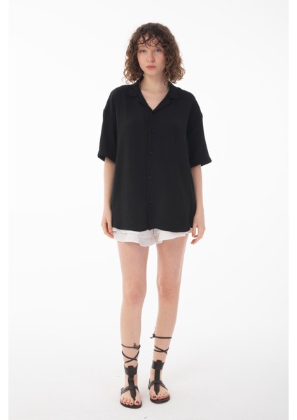 R-3737 Hafif Oversize Apaş Yaka Kısa Kol Ayrobin Gömlek