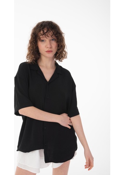 R-3737 Hafif Oversize Apaş Yaka Kısa Kol Ayrobin Gömlek fırsatları