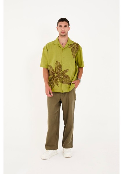 R-6094 Apaç Yaka Nakış Detaylı Kısa Kol Süprem Gömlek