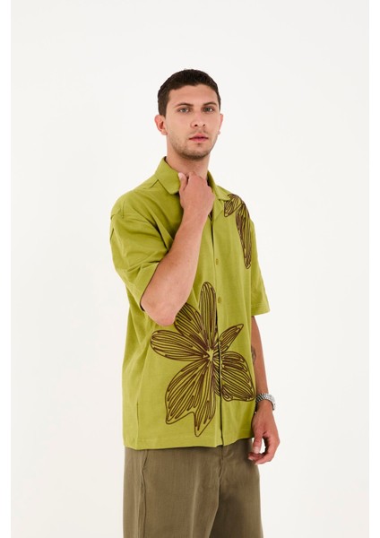 R-6094 Apaç Yaka Nakış Detaylı Kısa Kol Süprem Gömlek indirimleri