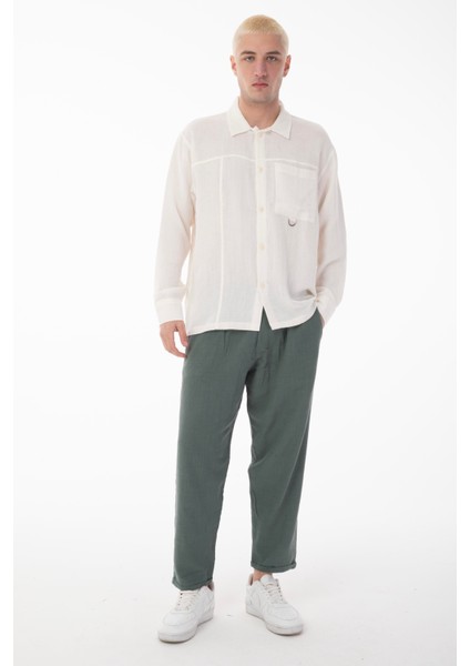 R-6052 Ayaklı Yaka Cep Detaylı Uzun Kol Müslin Gömlek