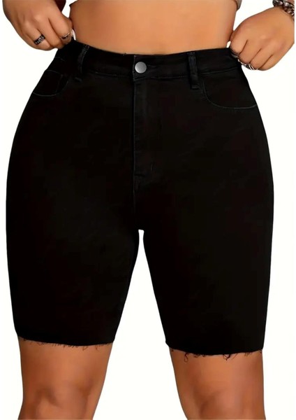 Kadın Büyük Beden Siyah, Yüksek Bel, Paça Pis Kesim, 5 Cep Kot Şort 65N39028