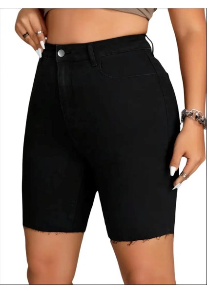 Kadın Büyük Beden Siyah, Yüksek Bel, Paça Pis Kesim, 5 Cep Kot Şort 65N39028 modelleri