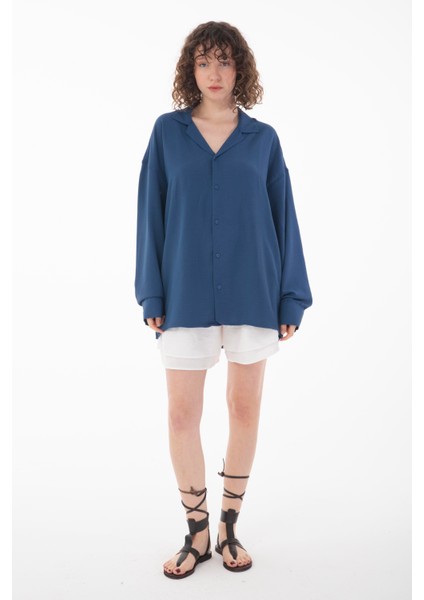 R-3575 Apaş Yaka Uzun Kollu Aerobin Kumaş Oversize Gömlek