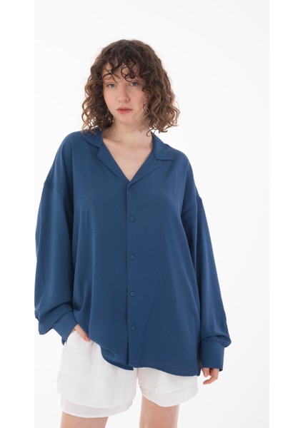 R-3575 Apaş Yaka Uzun Kollu Aerobin Kumaş Oversize Gömlek fiyatları