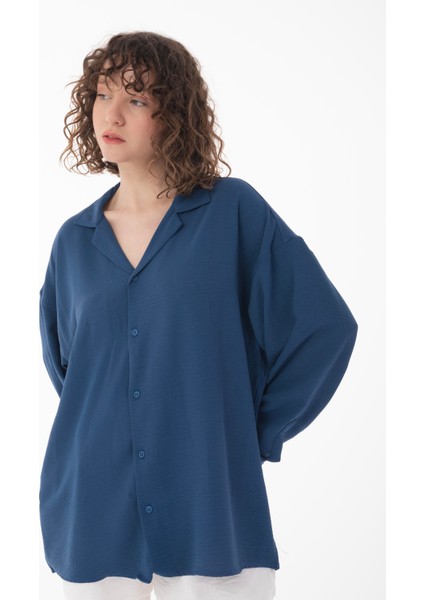 R-3575 Apaş Yaka Uzun Kollu Aerobin Kumaş Oversize Gömlek modelleri