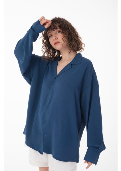 R-3575 Apaş Yaka Uzun Kollu Aerobin Kumaş Oversize Gömlek fırsatları