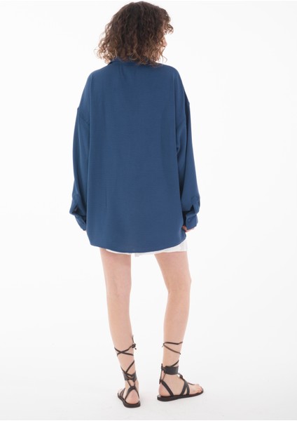 R-3575 Apaş Yaka Uzun Kollu Aerobin Kumaş Oversize Gömlek indirimleri