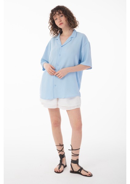 R-3737 Hafif Oversize Apaş Yaka Kısa Kol Ayrobin Gömlek