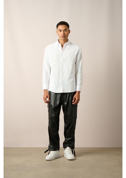 R-3780 Ayaklı Yaka Hafif Oversize Uzun Kol Keten Gömlek