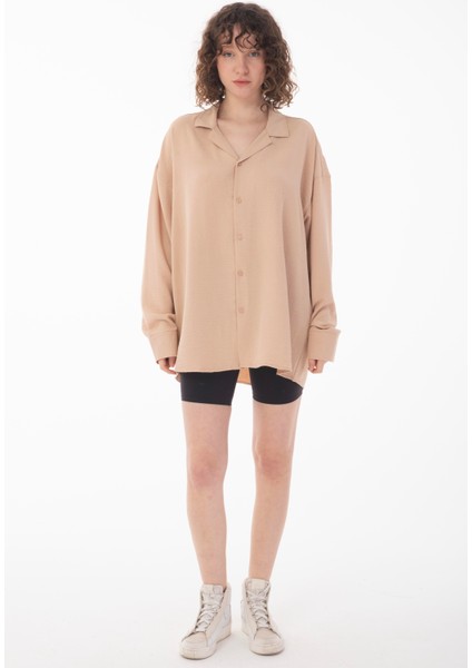 R-3575 Apaş Yaka Uzun Kollu Aerobin Kumaş Oversize Gömlek