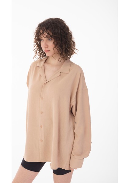 R-3575 Apaş Yaka Uzun Kollu Aerobin Kumaş Oversize Gömlek fiyatları