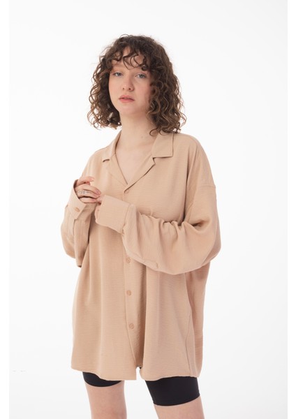 R-3575 Apaş Yaka Uzun Kollu Aerobin Kumaş Oversize Gömlek modelleri