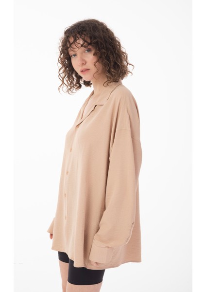 R-3575 Apaş Yaka Uzun Kollu Aerobin Kumaş Oversize Gömlek fırsatları