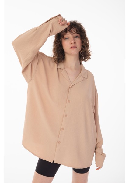 R-3575 Apaş Yaka Uzun Kollu Aerobin Kumaş Oversize Gömlek indirimleri