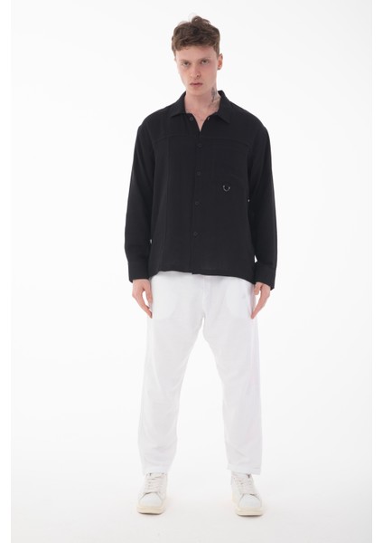 R-6052 Ayaklı Yaka Cep Detaylı Uzun Kol Müslin Gömlek