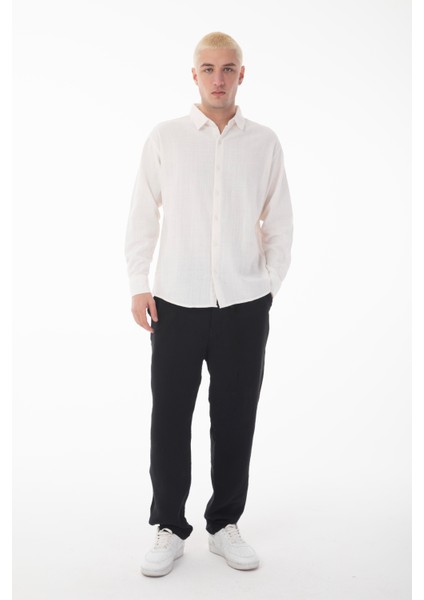 R-6044 Ayaklı Yaka Uzun Kol Keten Gömlek