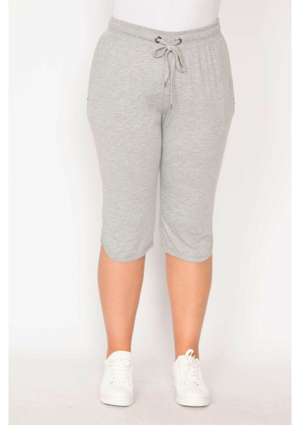 Kadın Gri Beli Lastik ve Kuşgözü Bağcık Detaylı Cepli Pamuklu Kumaş Kapri Pantolon 65N29550 fırsatları