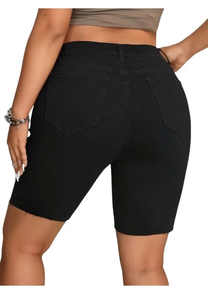 Kadın Büyük Beden Siyah, Yüksek Bel, Paça Pis Kesim, 5 Cep Kot Şort 65N39028 fiyatları