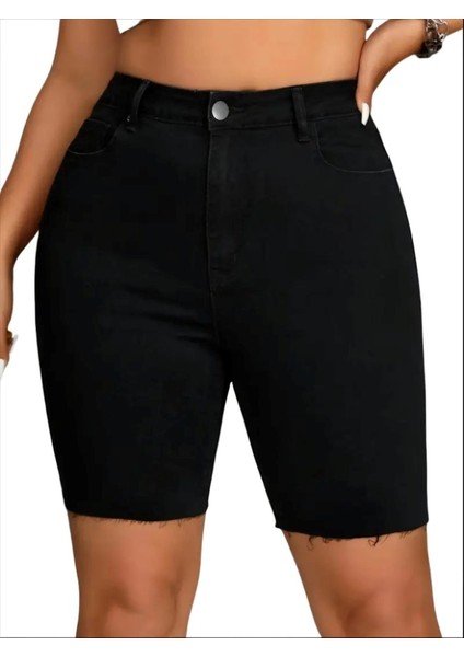 Kadın Büyük Beden Siyah, Yüksek Bel, Paça Pis Kesim, 5 Cep Kot Şort 65N39028 fırsatları