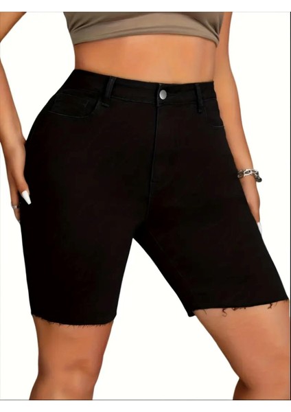 Kadın Büyük Beden Siyah, Yüksek Bel, Paça Pis Kesim, 5 Cep Kot Şort 65N39028 indirimleri