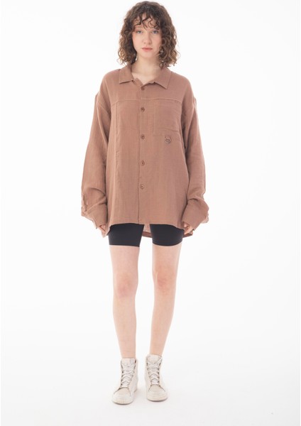 R-6052 Ayaklı Yaka Cep Detaylı Uzun Kol Müslin Gömlek