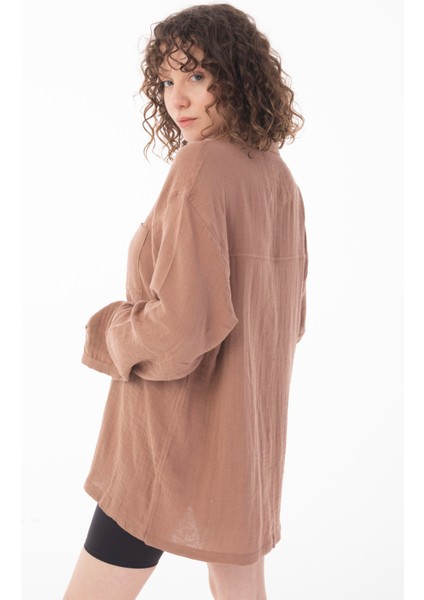 R-6052 Ayaklı Yaka Cep Detaylı Uzun Kol Müslin Gömlek fırsatları