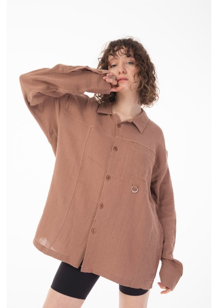 R-6052 Ayaklı Yaka Cep Detaylı Uzun Kol Müslin Gömlek indirimleri