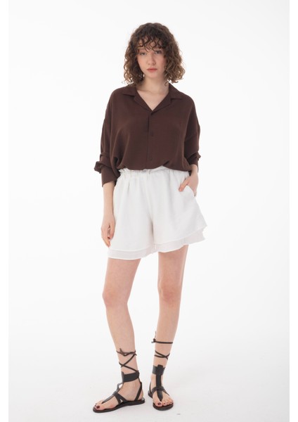 R-3575 Apaş Yaka Uzun Kollu Aerobin Kumaş Oversize Gömlek