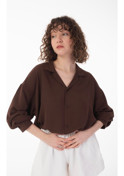 R-3575 Apaş Yaka Uzun Kollu Aerobin Kumaş Oversize Gömlek fiyatları