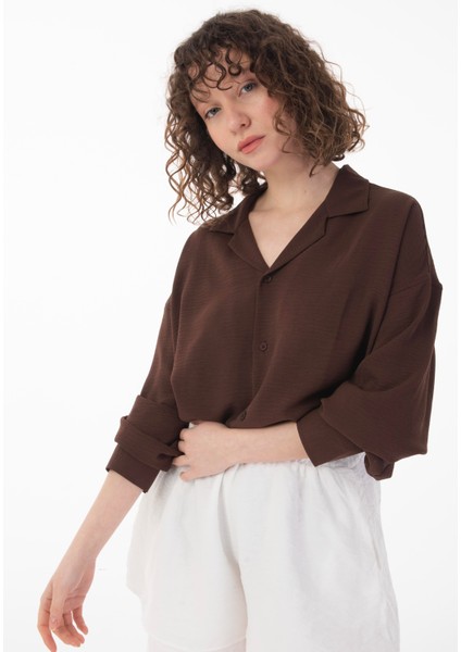 R-3575 Apaş Yaka Uzun Kollu Aerobin Kumaş Oversize Gömlek modelleri