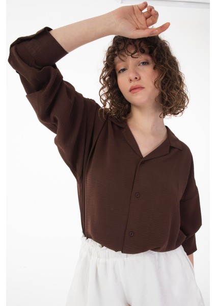 R-3575 Apaş Yaka Uzun Kollu Aerobin Kumaş Oversize Gömlek fırsatları