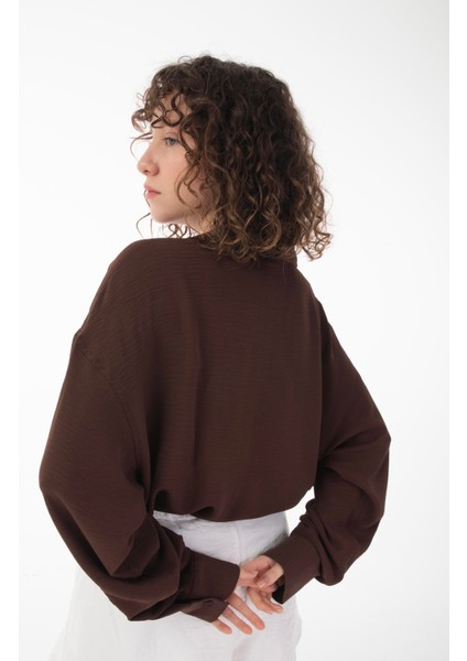 R-3575 Apaş Yaka Uzun Kollu Aerobin Kumaş Oversize Gömlek indirimleri